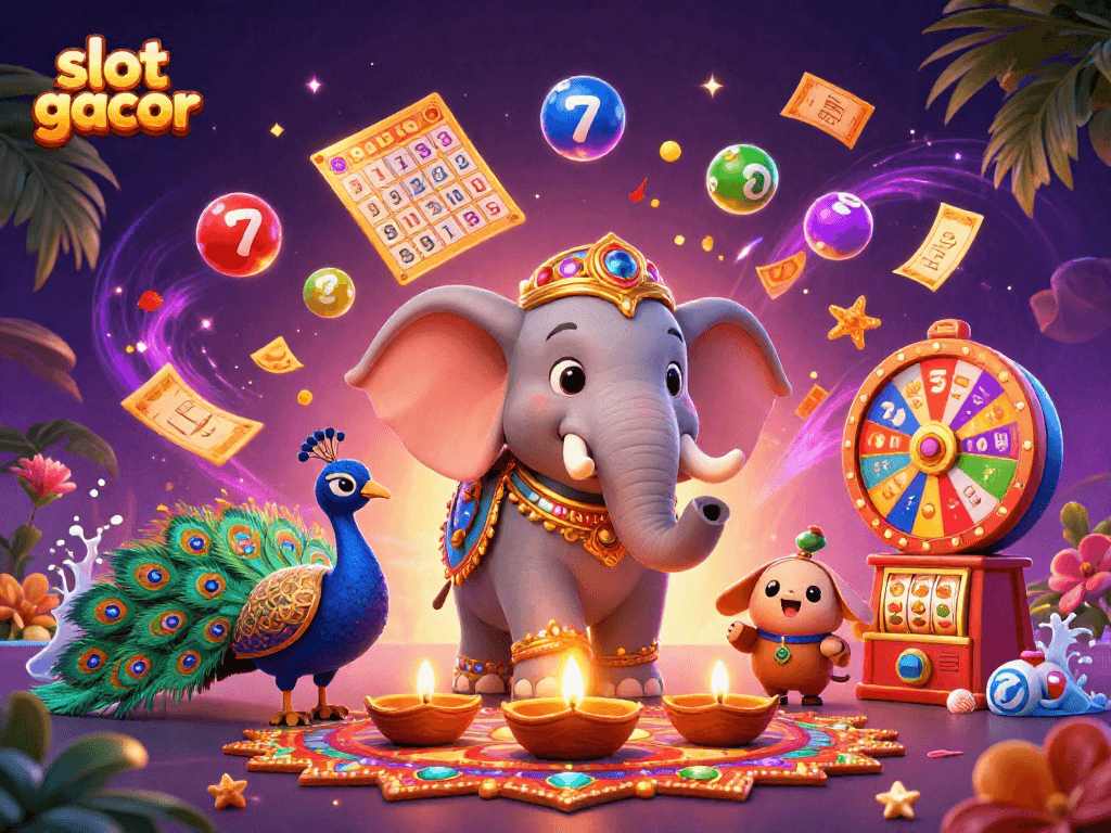 Slot gacor menyenangkan dengan gajah berhiaskan emas dan teman merak, dikelilingi bola lotere cerah.