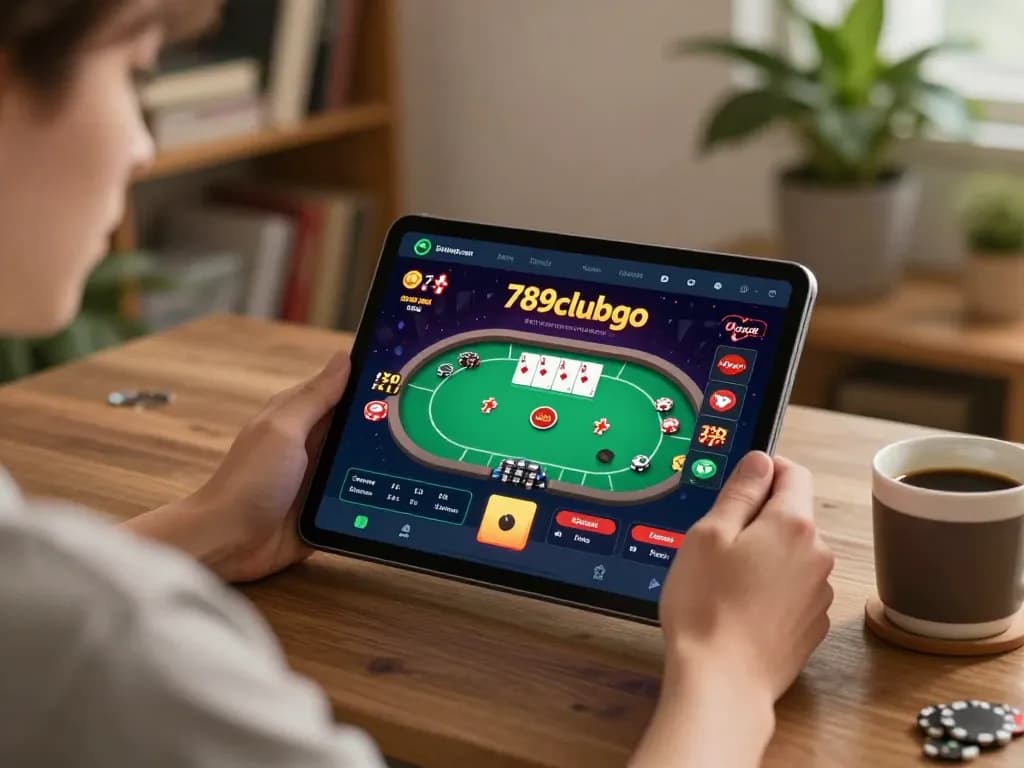 Player enjoying gameplay on 789clubgo app, showcasing engaging poker action in a cozy home setting.