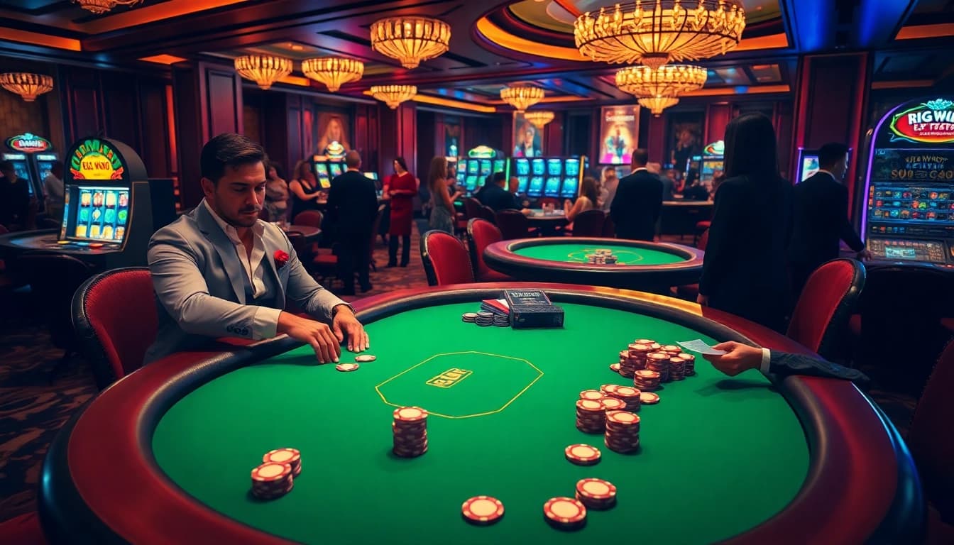 Excited gamblers strategy at raja 88 poker table amidst luxurious casino decor.