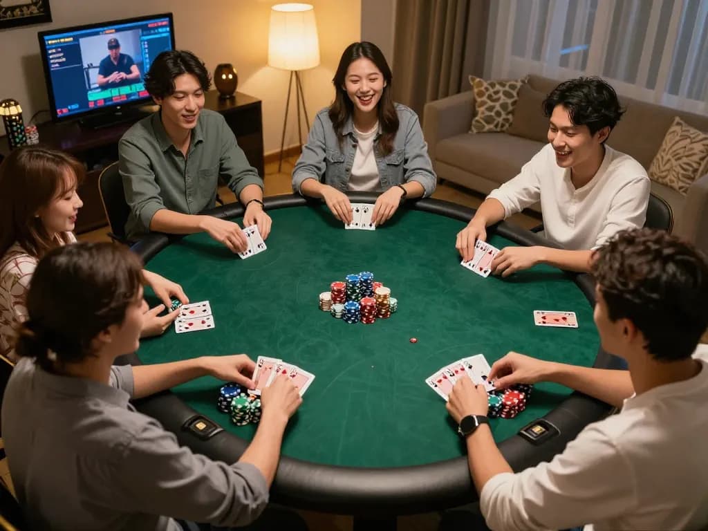 Online poker session at home with friends celebrating their win on win678 platform.
