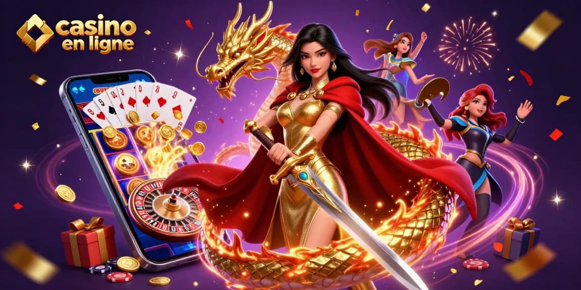 Jouez à des jeux de machines à sous au casino en ligne avec une belle reine guerrière asiatique et des éléments de jeu vibrants.