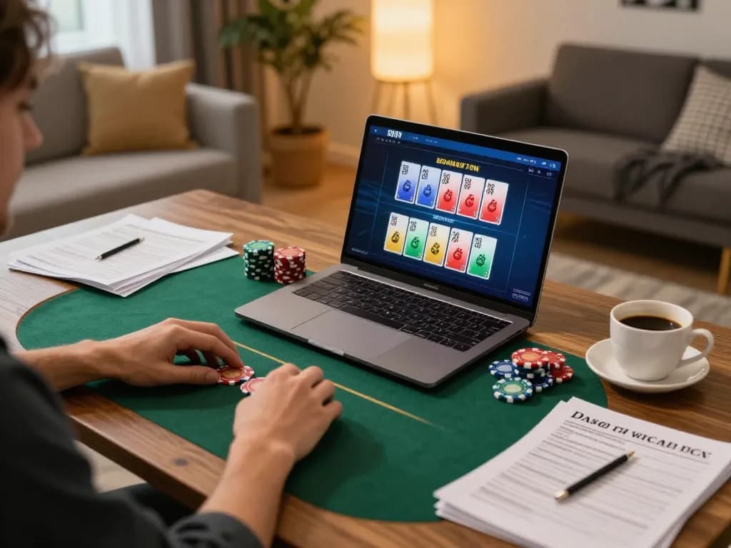 Engaging in online poker at w 88 with colorful cards and chips, cozy home environment.