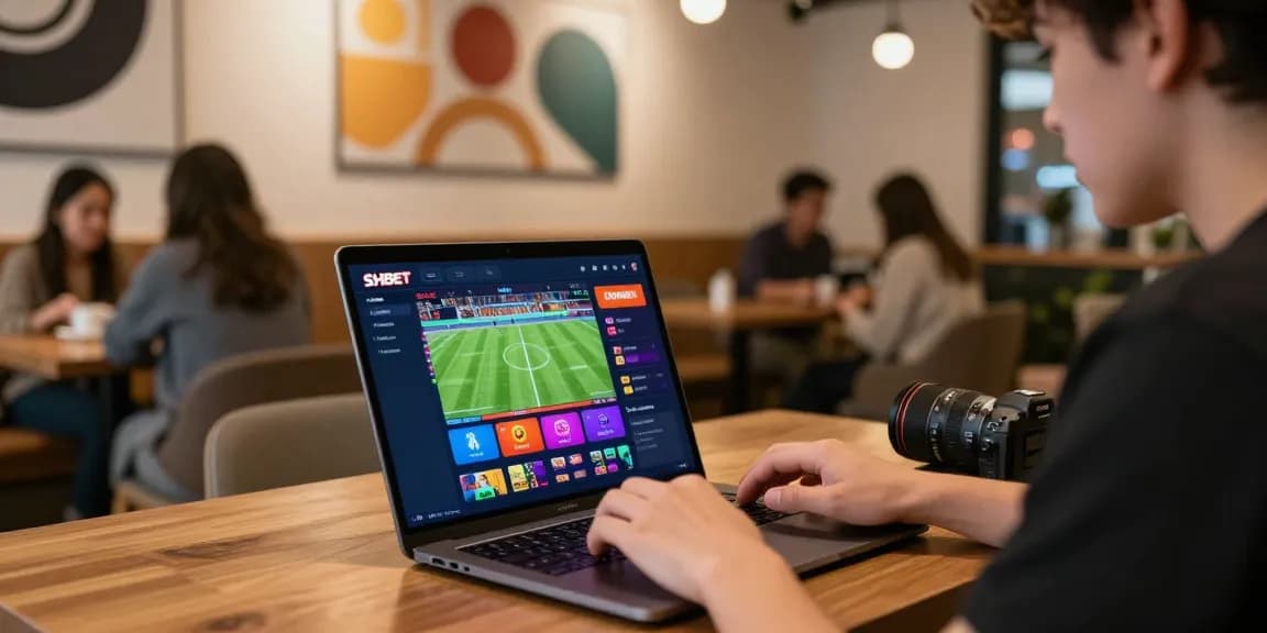 Engaging user on SHBET platform for online betting with vibrant graphics in a cozy café.