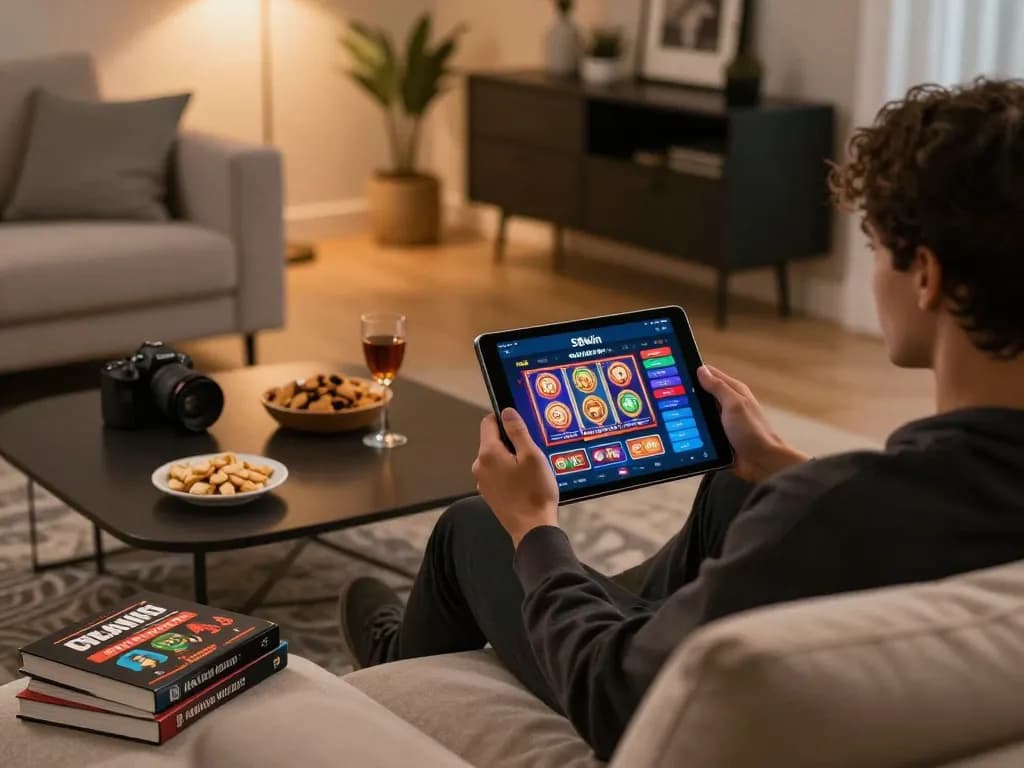 Engaging with the 58wiin online casino app on a cozy sofa, showcasing a dynamic gaming environment.