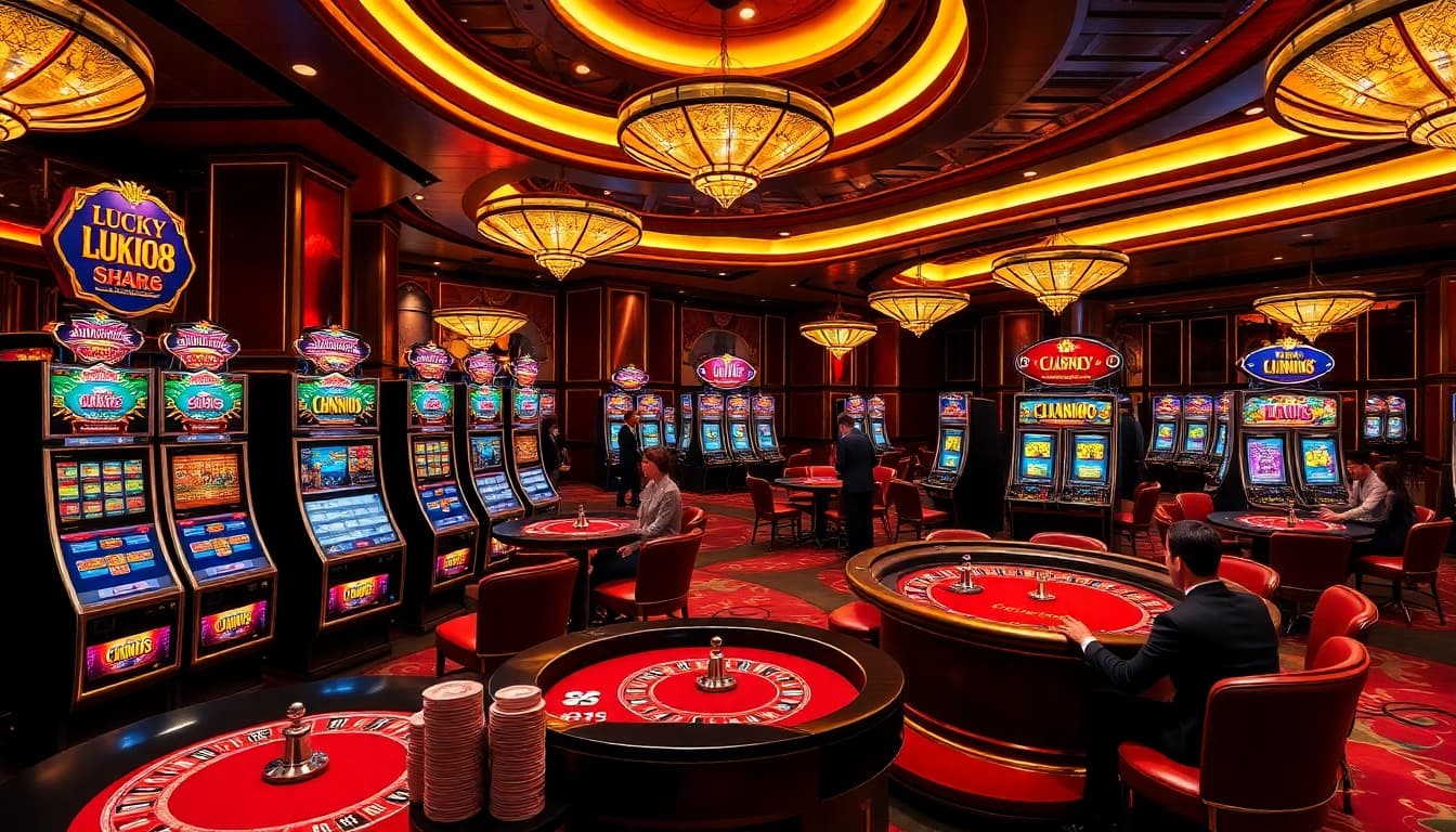 Lucky88 casino scene with players enjoying vibrant slot machines and poker tables.