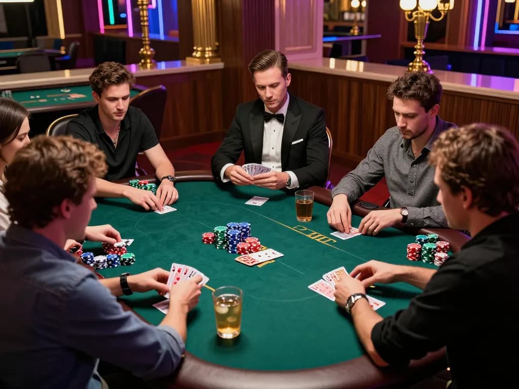 S666 players engaged at a high-stakes poker table analyzing cards with chips and drinks present.