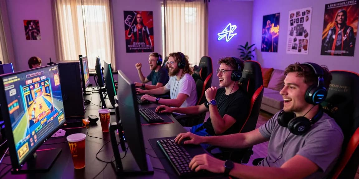 Friends enjoying JPTOTO gaming experience with vibrant setup and excitement