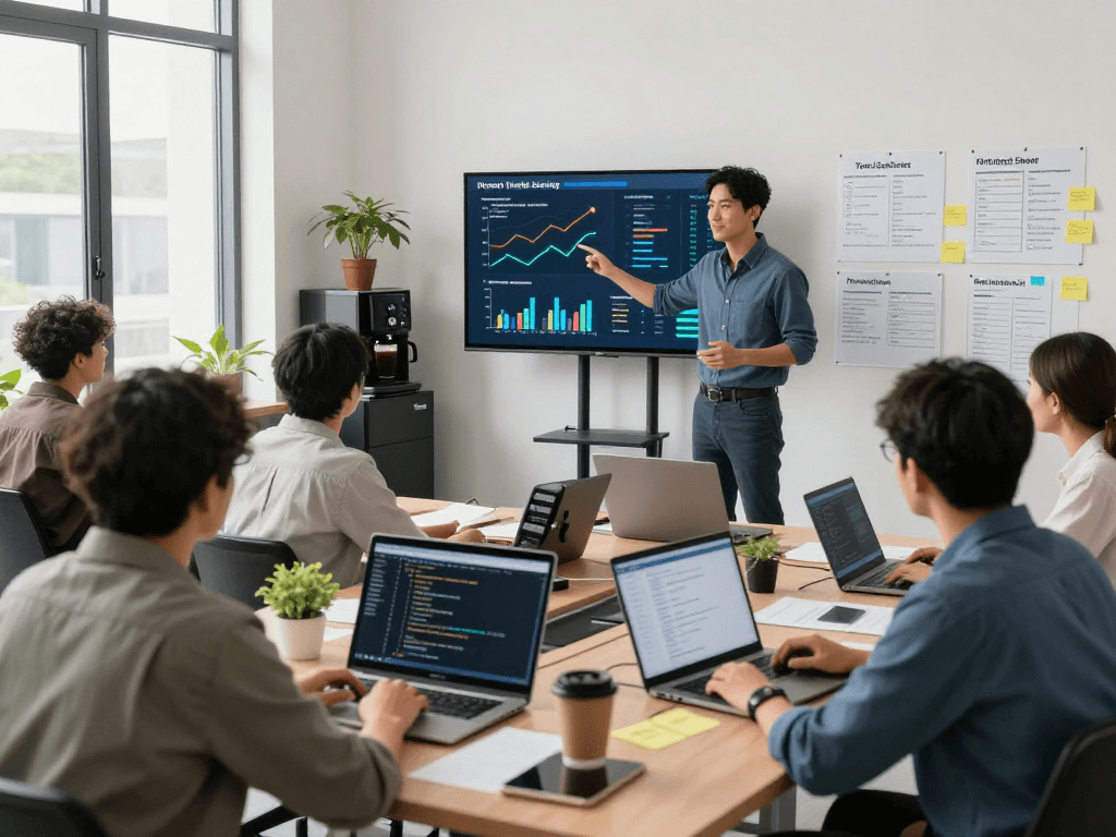 Equipo colaborando sobre hosting en México con gráficas y análisis digitales en un entorno moderno.