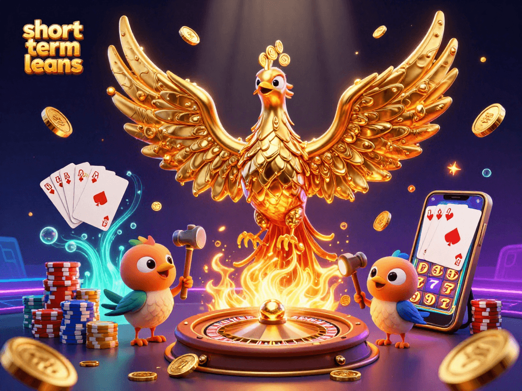 Engage with short term loans through a vibrant 3D illustration of golden phoenix and gaming symbols