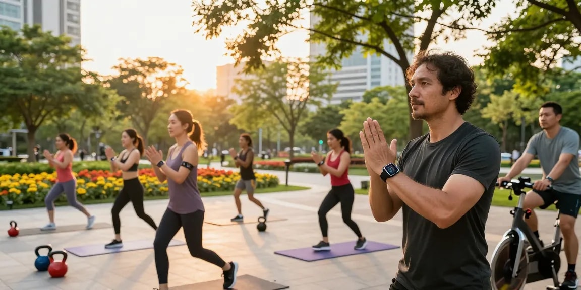 Pengguna smartwatch Fitbit Luxe di taman kota dengan latar belakang suasana senja, memantau kesehatan dengan gaya.