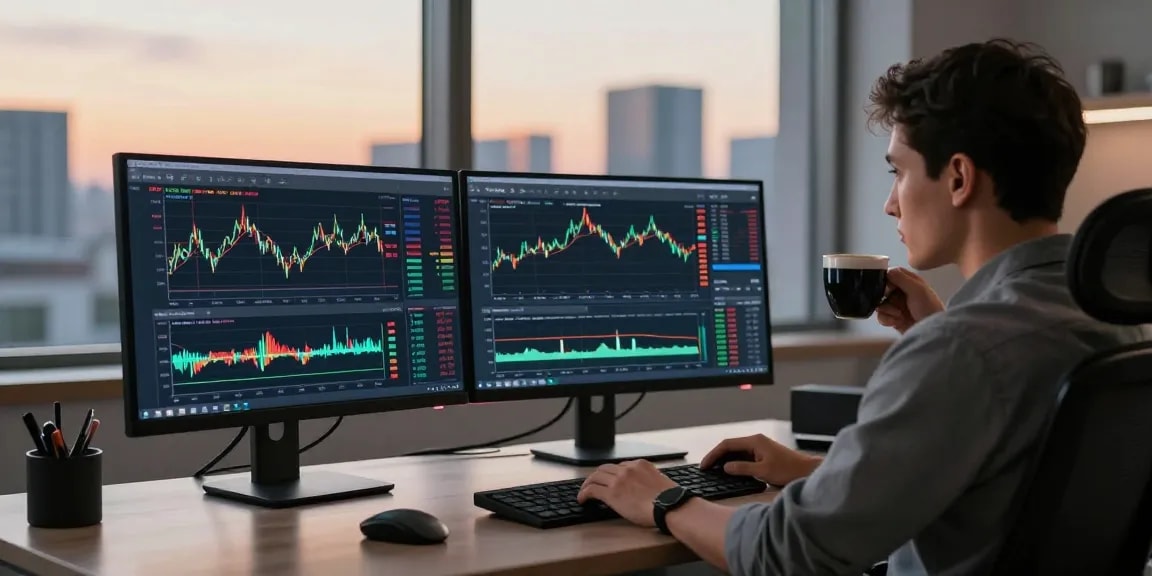 Traders using MetaTrader 4 for forex analysis in a modern office workspace.