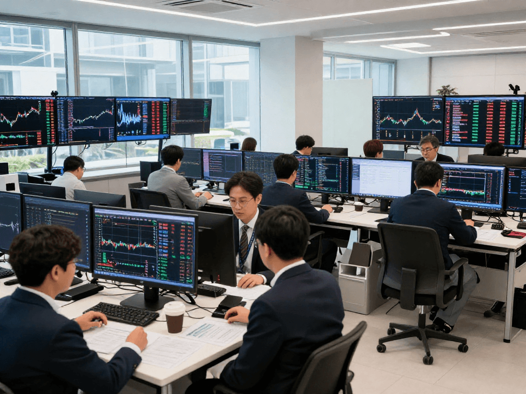 Investors analyzing KOSPI stock market trends on trading floor