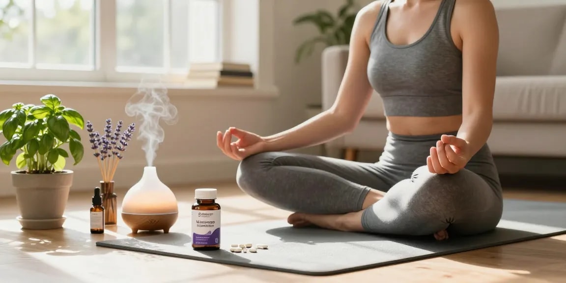 Person meditating with premium wellness supplements in a serene home setting, surrounded by herbs and natural light.