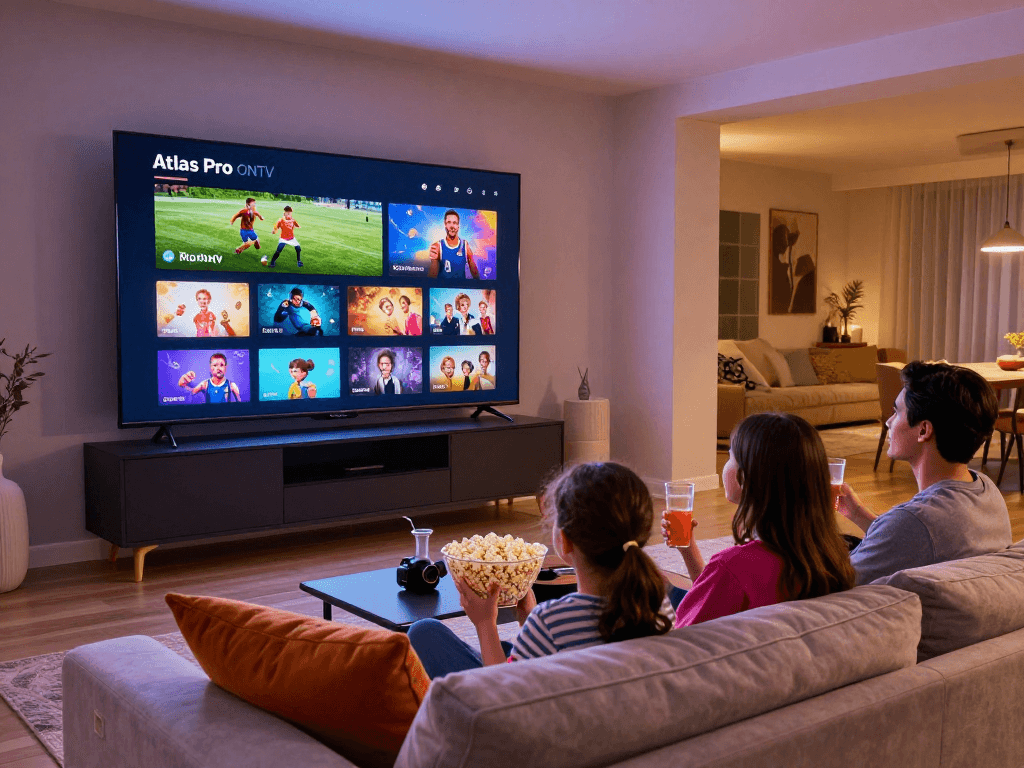 Télévision intelligente affichant l'interface Atlas Pro, famille profitant d'une soirée cinéma.