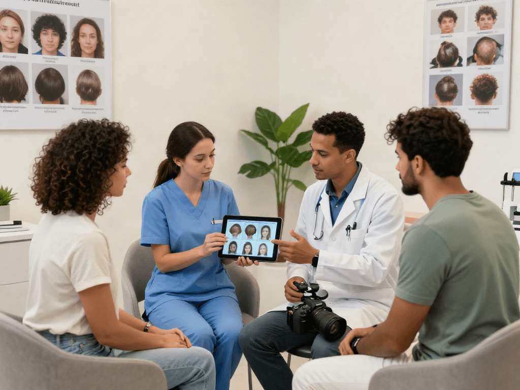 Consultation at a hair transplant turkey clinic showing patient interacting with medical professionals.
