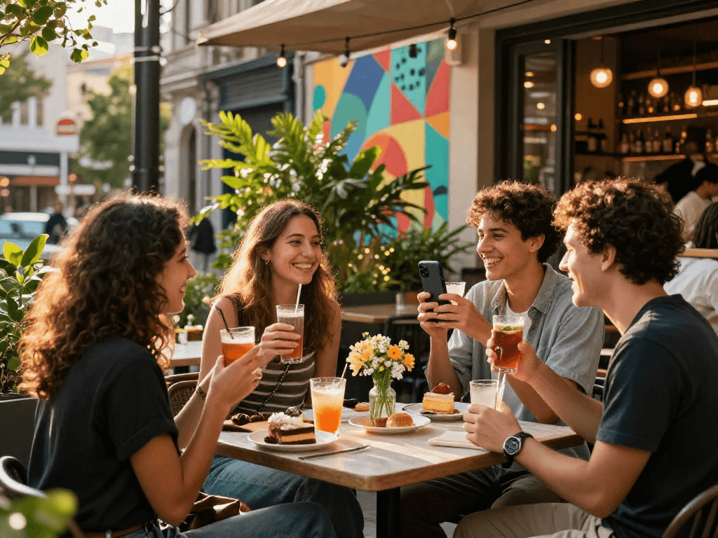 Motchill urban lifestyle scene with friends enjoying gourmet desserts and drinks at a cafe