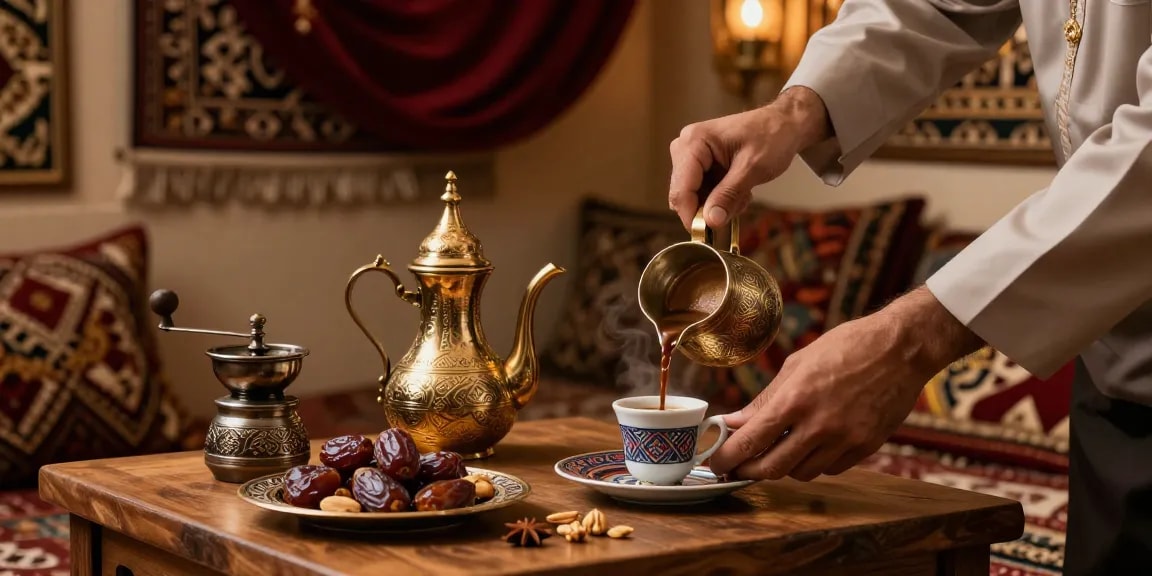 قهوجي وصبابين يقدمون القهوة العربية في أجواء تقليدية دافئة