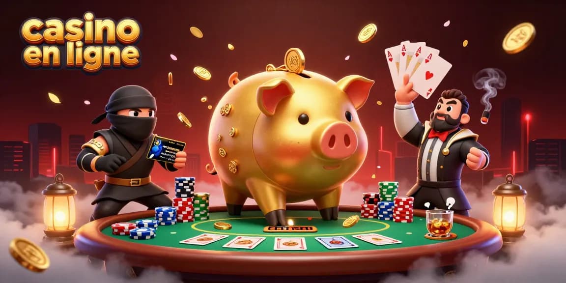 Illustration de casino en ligne présentant un sumo en forme de tirelire, un ninja et un arbitre samouraï.