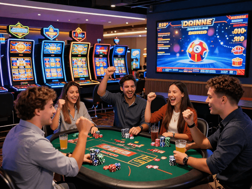 Excited friends celebrating at USA casinos for UK player, lively atmosphere showcasing slot machines and live dealer games.