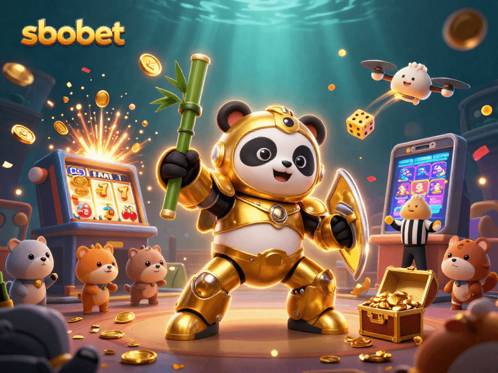 Experience exciting sbobet action with a golden panda piloting a bamboo robot in a vibrant casino atmosphere.
