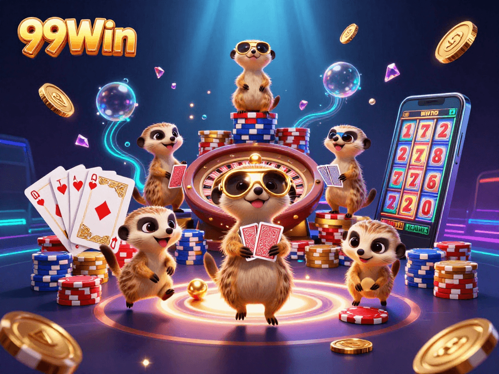 Visualize excitement with 99Win’s lively meerkat casino scene bursting with wins and playful interactions.