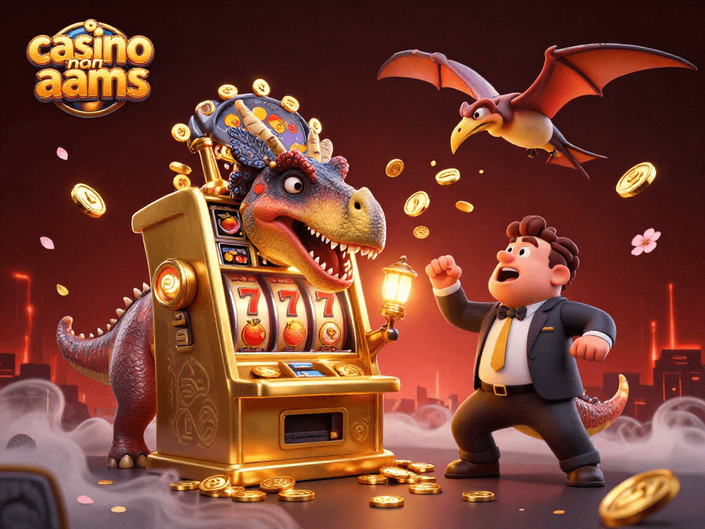 Scopri la giungla dei casino non AAMS con un pachycephalosaurus che fa esplodere una slot machine.