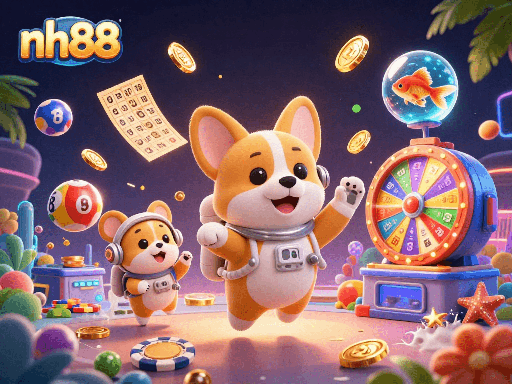 Experience thrilling gaming excitement at nh88 with lottery balls and confetti in a vibrant casino scene.