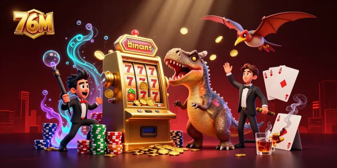76M: Cena animada de dinossauros em cassino, com um pachycephalosaurus jogando na máquina caça-níqueis