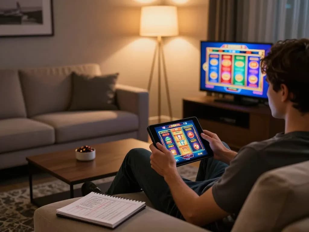 Engaging gameplay on slot depo 10k dana with vibrant reels in a cozy home atmosphere