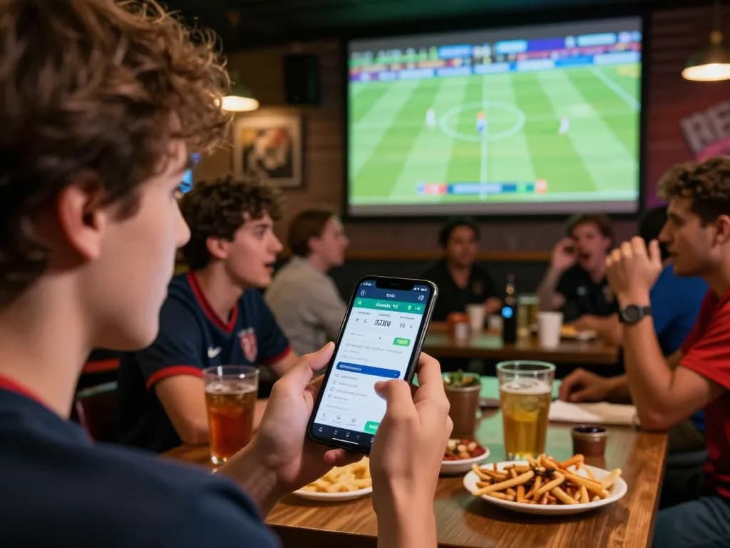 Engaging in sports betting on mobile while watching live soccer, experiencing CakhiaTV excitement.
