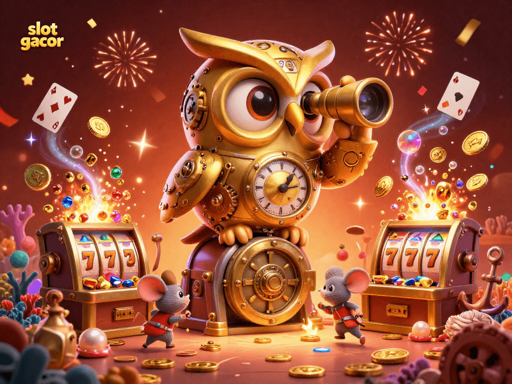 Experience the excitement of slot gacor with golden owls and treasure explosions in this vibrant casino illustration.