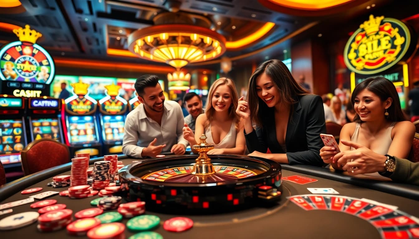 Players celebrating wins at fb88b.net casino table with colorful chips and cards.