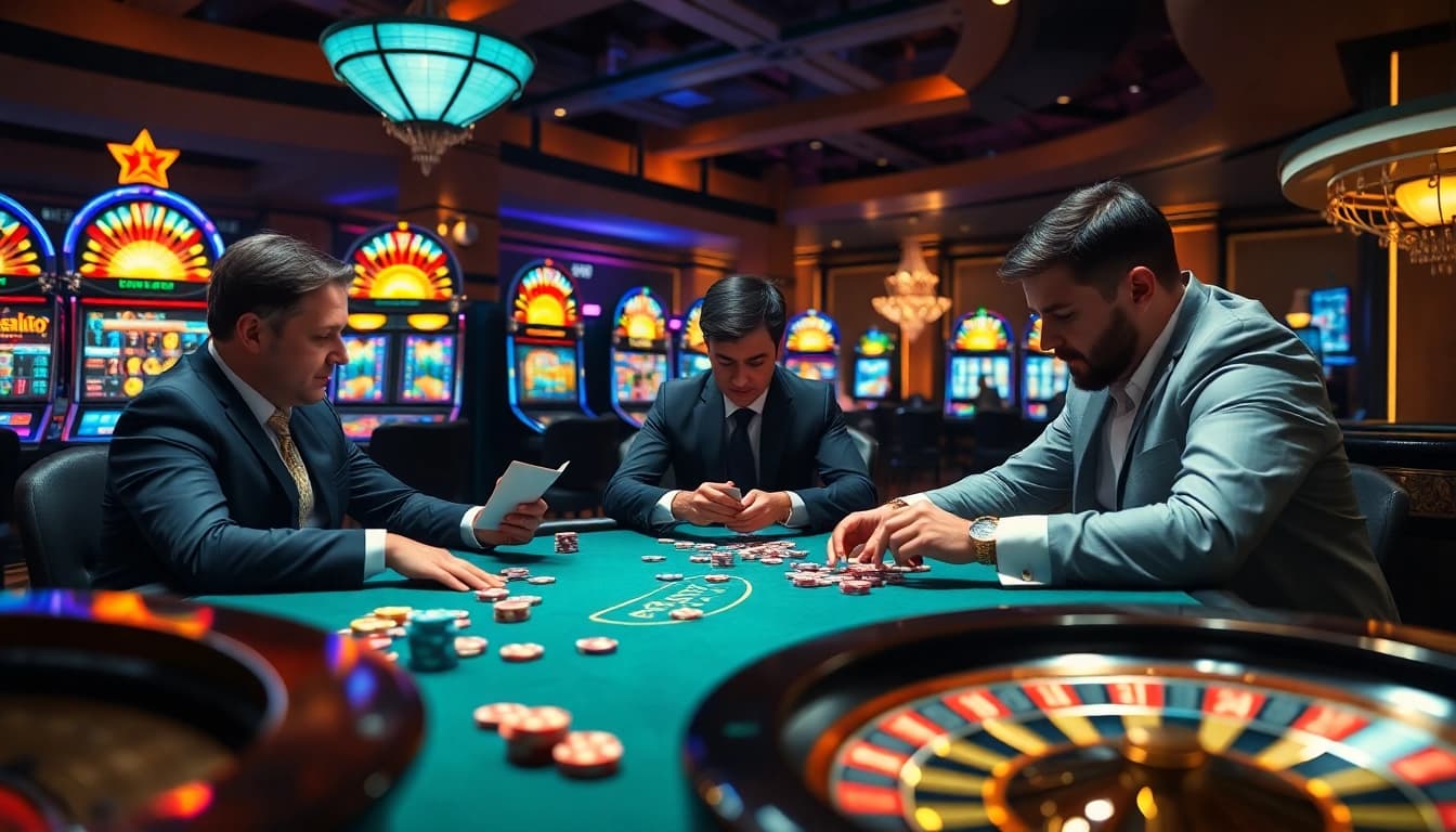 Gamblers strategize at a poker table in a luxurious casino environment at https://32win.luxury/.