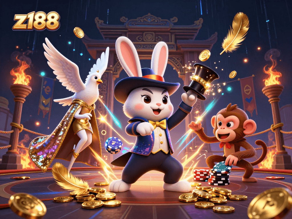 Experience thrilling gaming at z188 with a magical scene of a rabbit conjuring coins amidst casino elements.