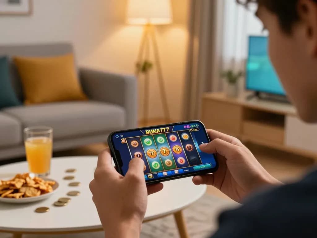 Engaging BUKA77 slot game action on a smartphone in a cozy living room setting.