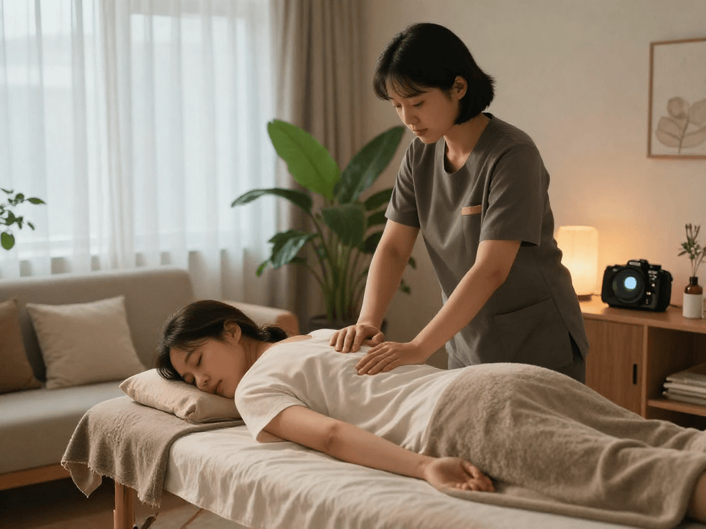 천호동출장마사지 being enjoyed in a comfortable living room setting with a professional therapist providing care.