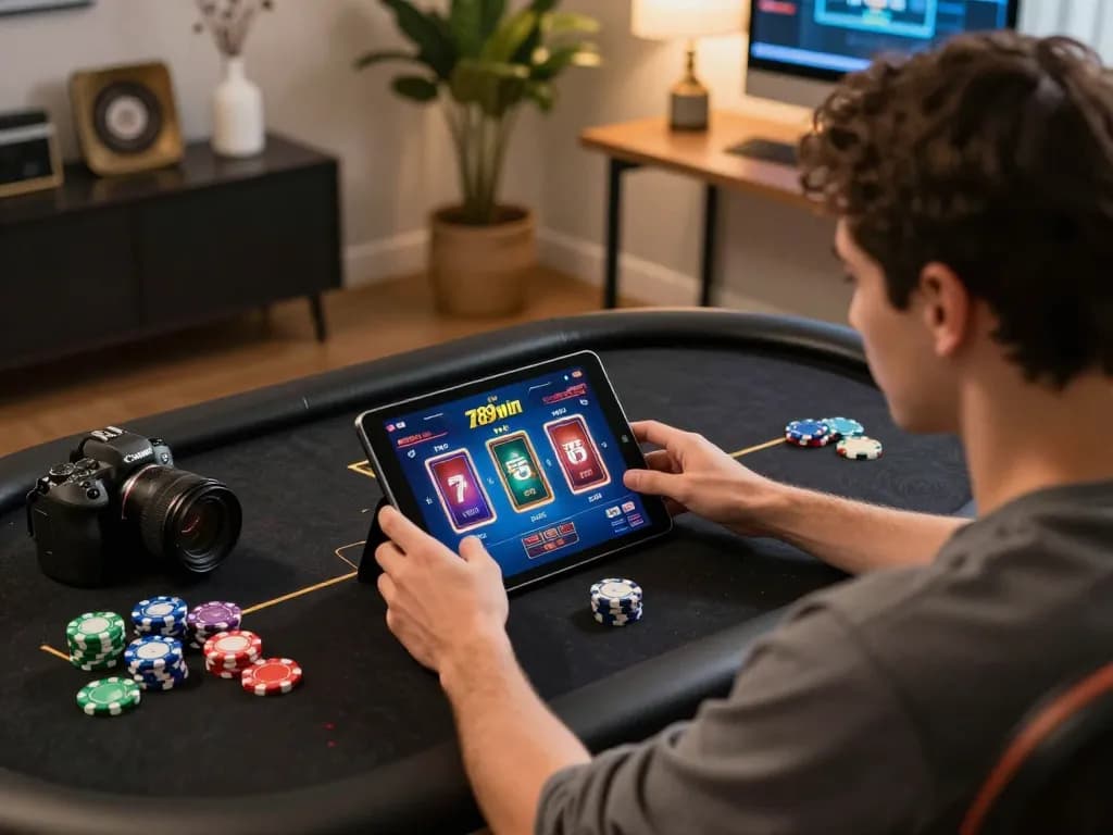Player engaged in 789win poker game on tablet, showcasing an inviting home gaming setup.