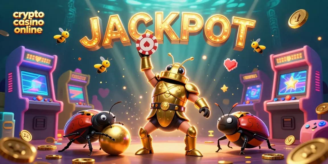 Scopri l'emozione del crypto casino online con il carismatico scarabeo in armatura che celebra il jackpot!