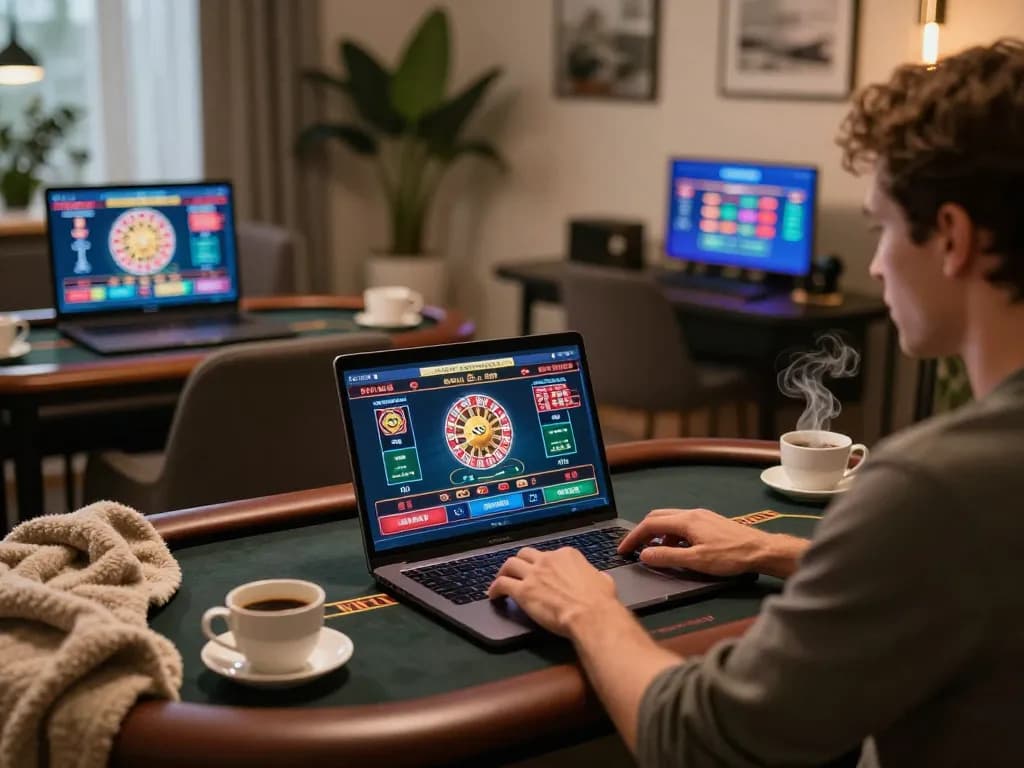 Player strategizing on lucky88 gaming platform during an online casino session with laptop and coffee