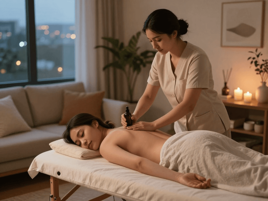 Relaxing 일산출장마사지 session at home with professional therapist providing soothing care.