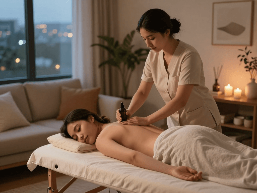 Relaxing 일산출장마사지 session at home with professional therapist providing soothing care.