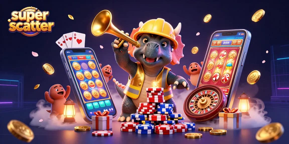 Experience super scatter wins with vibrant casino-themed 3D illustration showcasing fun characters and games.