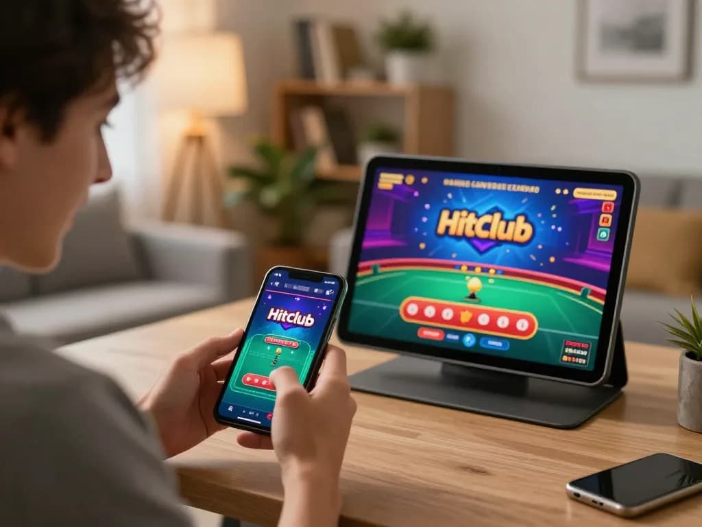 Hitclub gamer engaged in thrilling live dealer game on a smartphone, showcasing an interactive online gambling experience.