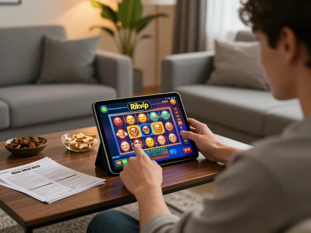 Engaging in online gaming at Rikvip, with a vibrant tablet display and cozy home setting