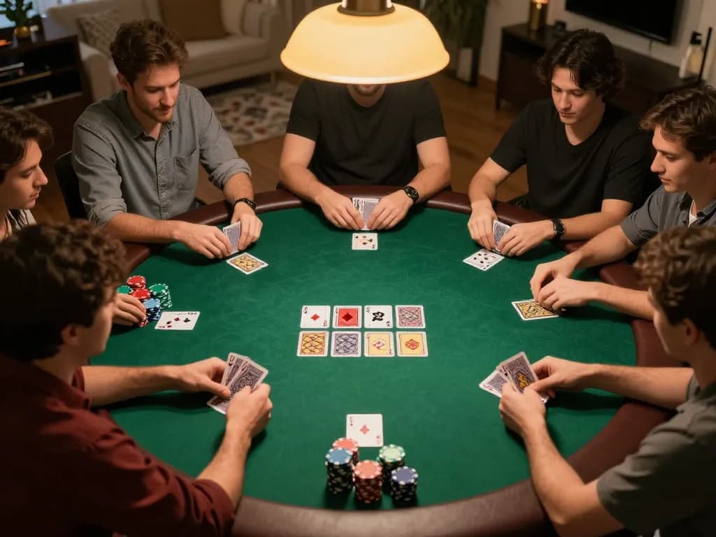 B52 poker game in progress, players actively making bets, vibrant atmosphere, warm lighting, strategic gameplay.