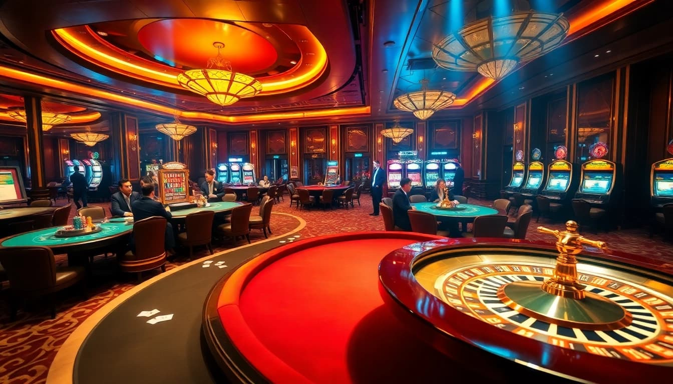 Experience the thrill of 68VIP with players enjoying poker and roulette in a luxurious casino.