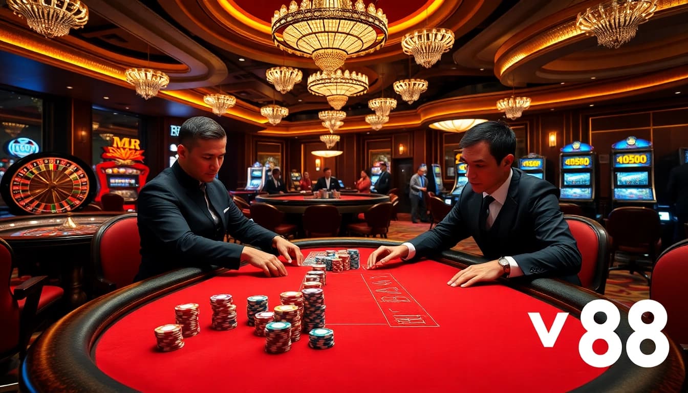 Players engaging in intense poker action at vn88 casino table with colorful chips.