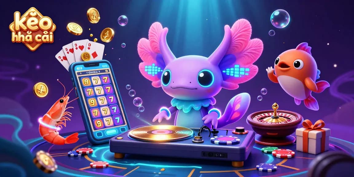 Engaging kèo nhà cái scene with lively casino characters, vibrant slot games, and dynamic gaming elements.