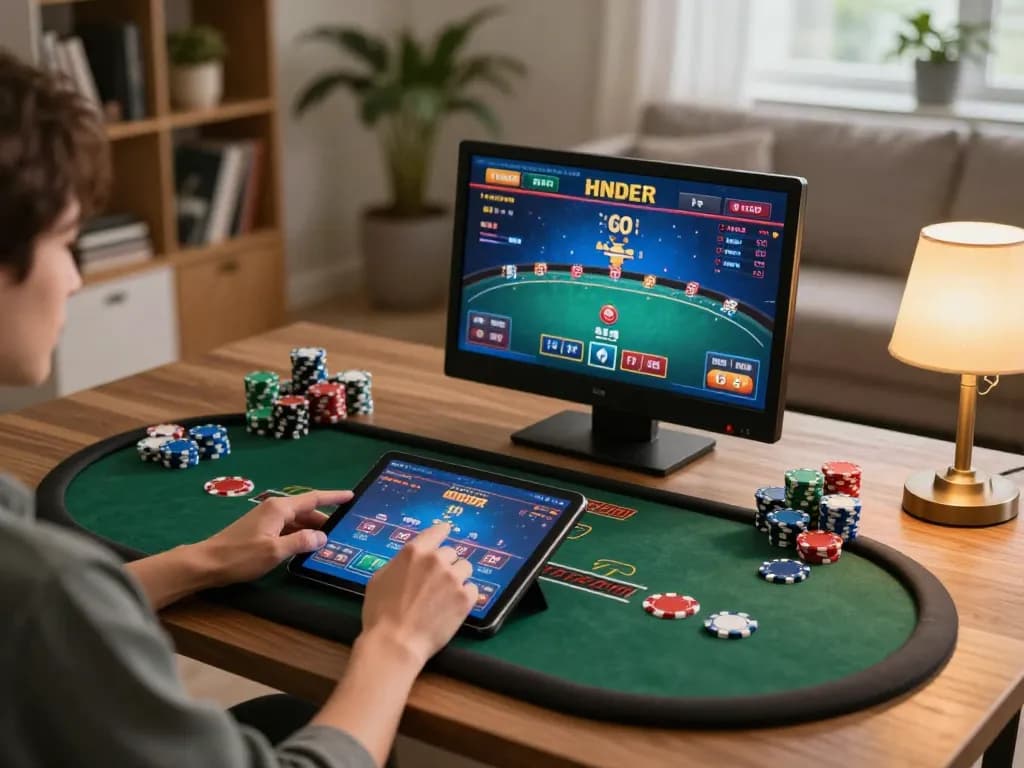 manclub member enjoying a poker game on a tablet in a cozy home setting