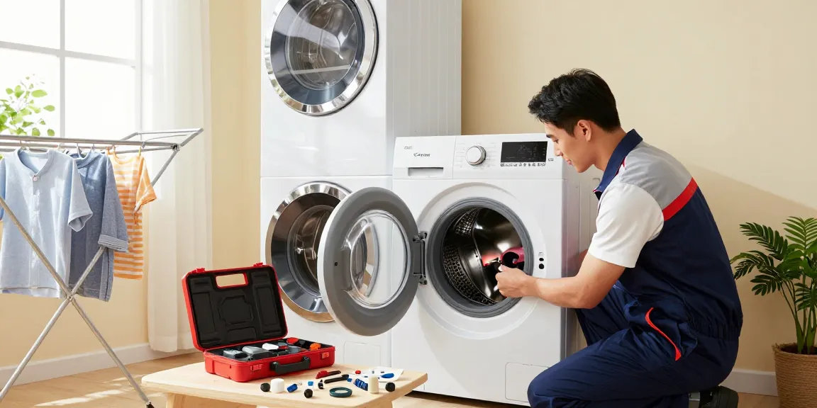 Expert washer repair technician diagnosing issues, showcasing professional washer repair services, with tools and parts visible.